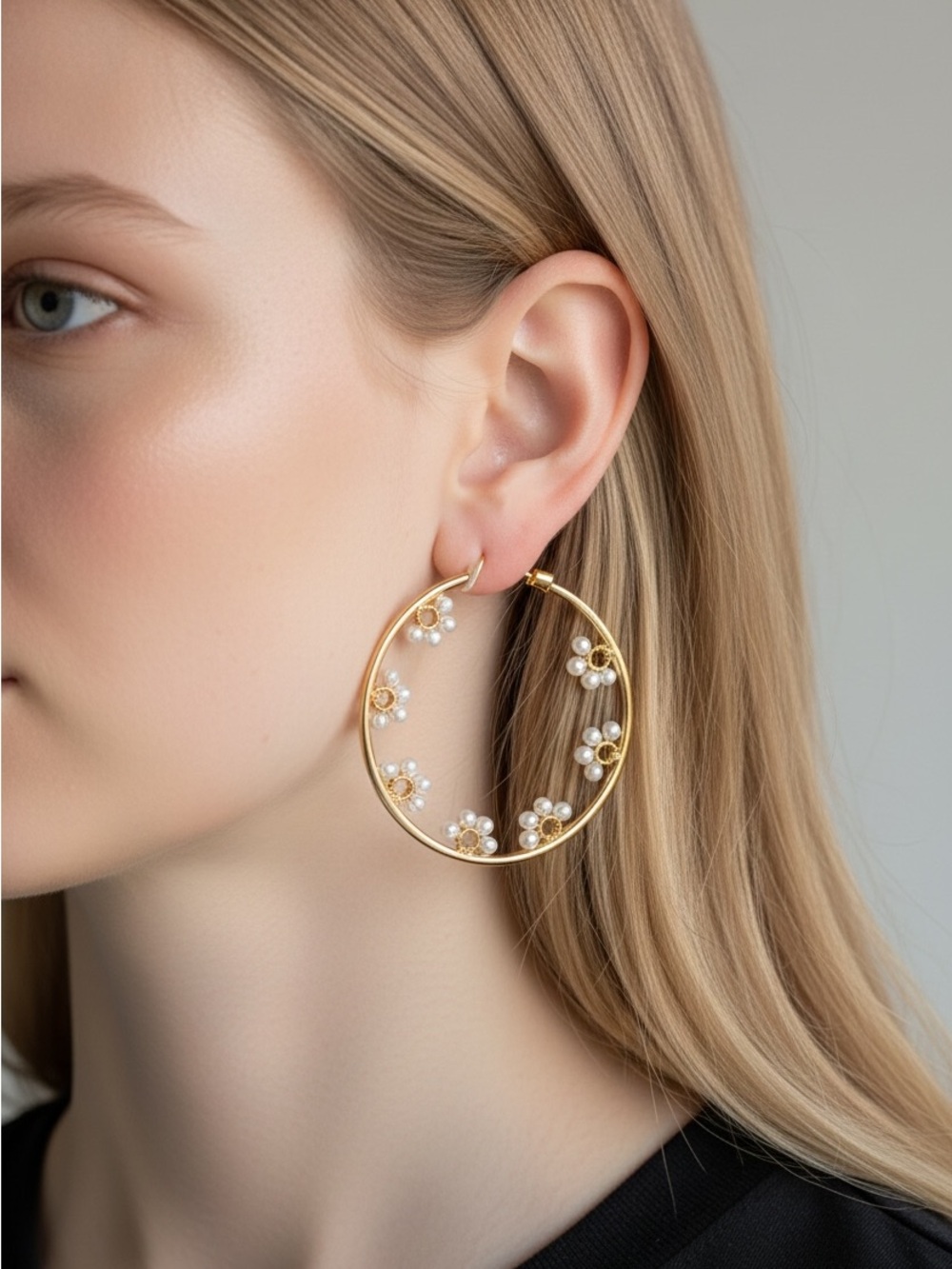 9/17 Gold Floral Pearl Hoop Earrings - Women Jewelry
